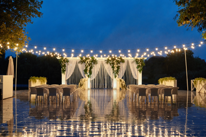 Wedding Ceremony Set up, light strings and sheer curtains