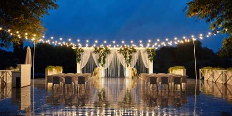 Wedding Ceremony Set up, light strings and sheer curtains Wedding Ceremony Set up, light strings and sheer curtains